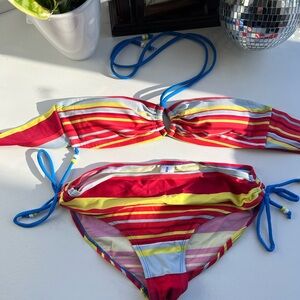 Y2K 2010s Red & Yellow Stripe Bikini Set with Blue Ties Via Brazil Size M/L